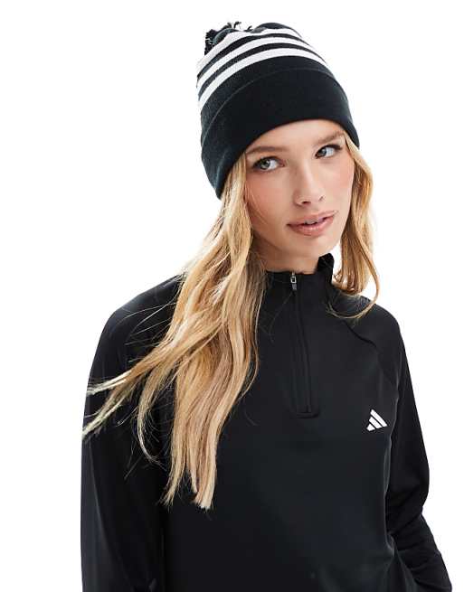 Adidas Performance 3 Stripe Beanie With Pom-pom In Black