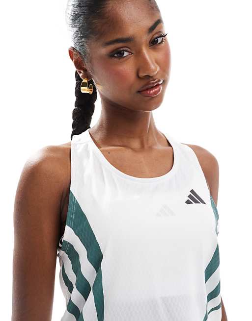 Adidas Running Adizero Archive Running Singlet In White And Teal