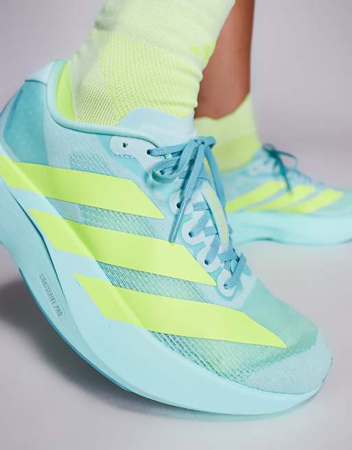 Adidas Running Adizero EVO SL Trainers In Aqua Blue And Yellow