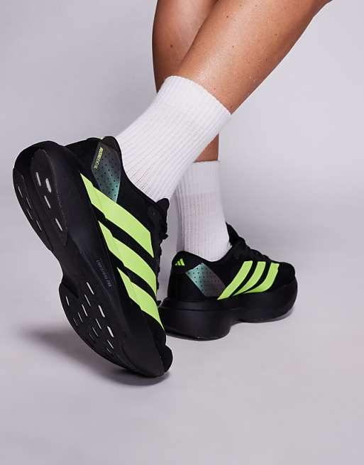 Adidas Running Adizero EVO SL Trainers In Black And Neon Yellow