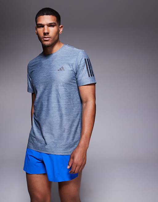 adidas Running Own The Run t-shirt with black 3 stripes in navy