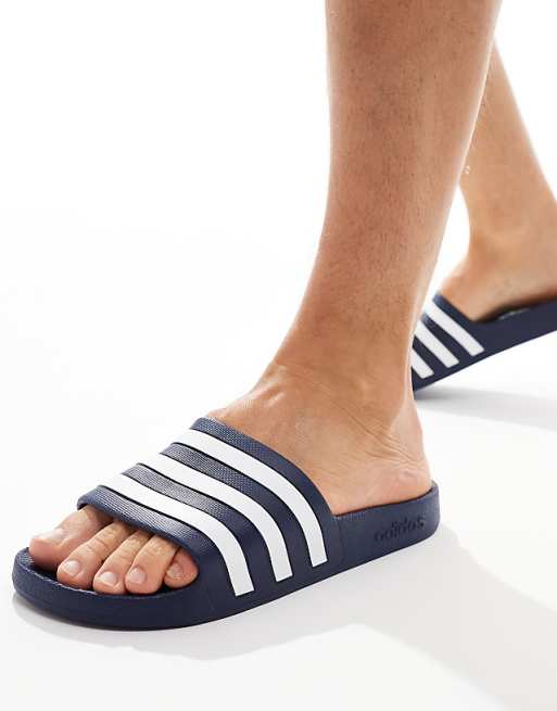 Adidas Swim Adilette White Stripe Sliders In Navy