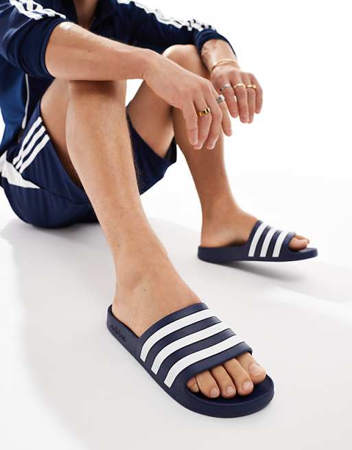 Adidas Swim Adilette White Stripe Sliders In Navy
