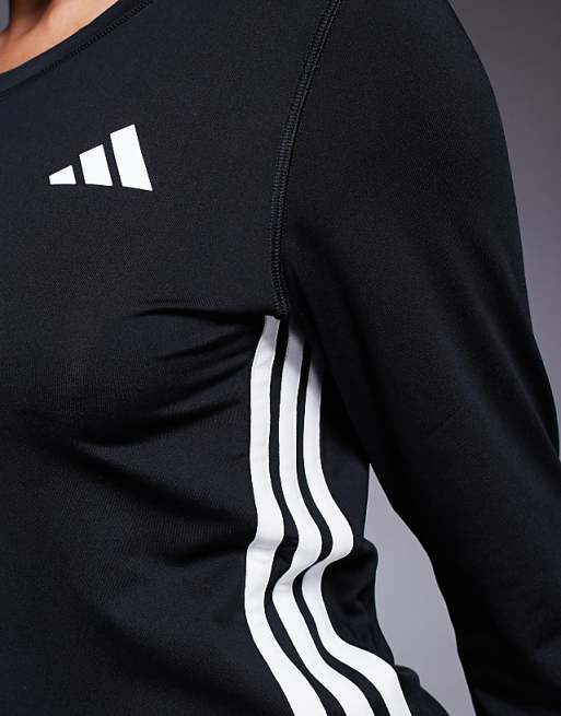 Adidas Training 3 Stripe Long Sleeve Top In Black
