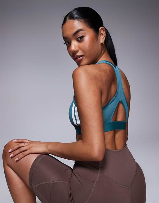Adidas Training 3 Stripe Mid Support Sports Bra In Teal And White
