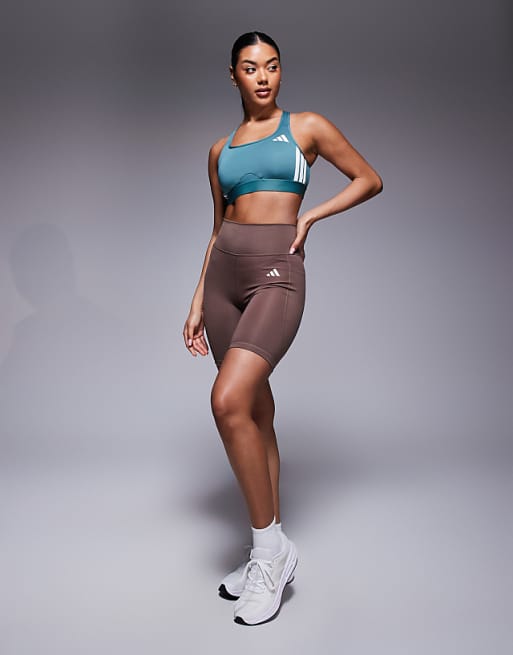 Adidas Training 3 Stripe Mid Support Sports Bra In Teal And White