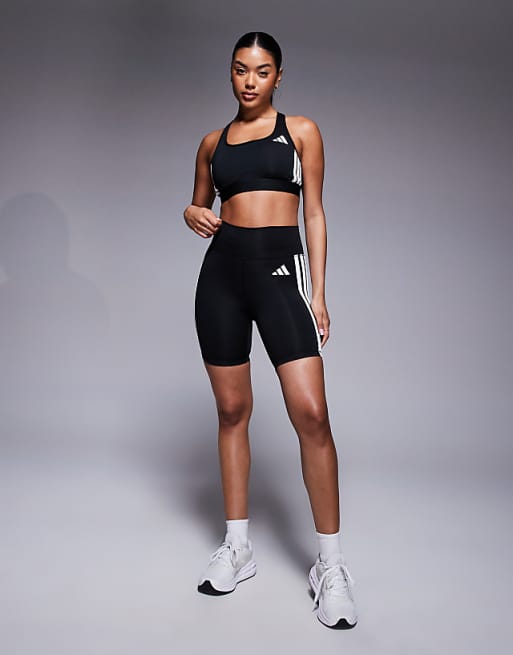 Adidas Training 3 Stripe Mid Support Sports Bra In Black