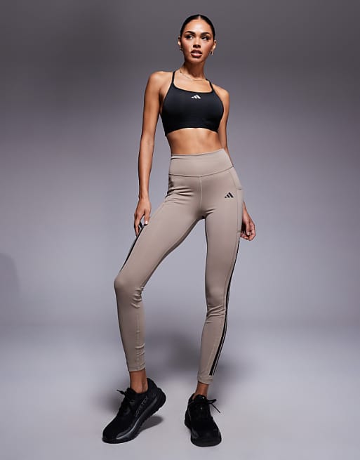 Adidas Training 7/8 Optime Leggings With Tonal 3 Stripe In Chalky Brown