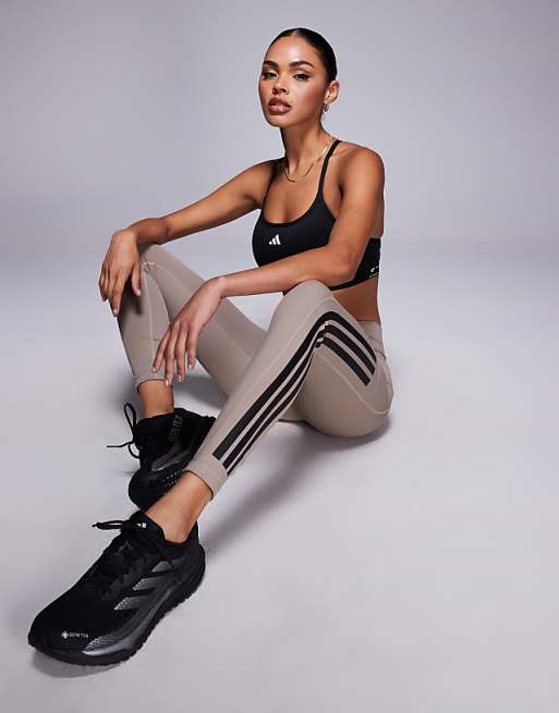 adidas Training 7/8 optime leggings with tonal 3 stripe in chalky brown