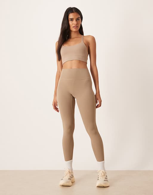 Adidas Training All Me Rib Light Support Sports Bra In Chalky Brown