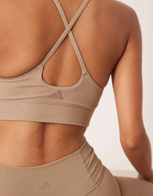 Adidas Training All Me Rib Light Support Sports Bra In Chalky Brown