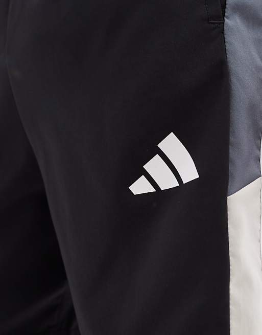 Adidas Training Essentials 3 Stripe Shorts In Black And Grey Block