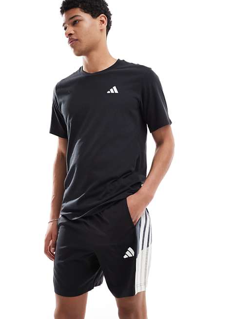 Adidas Training Essentials 3 Stripe Shorts In Black And Grey Block