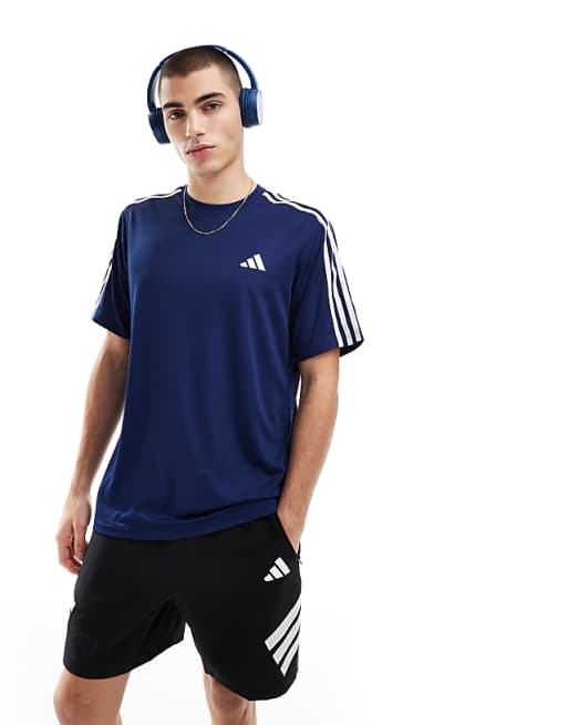 adidas Training Essentials 3 stripe t-shirt in navy