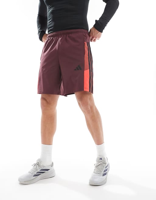 adidas Training Essentials shorts with 3 stripe in burgundy
