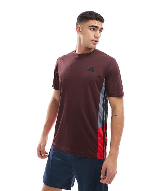 adidas Training Essentials t-shirt with 3 stripe in burgundy