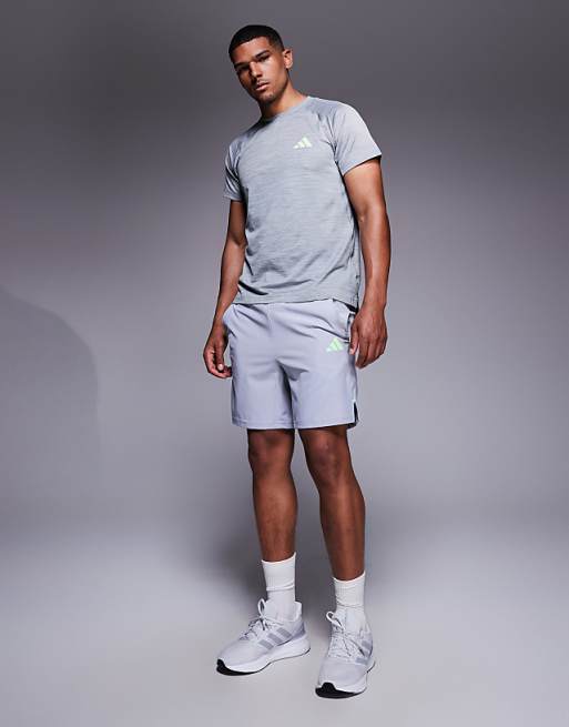 adidas Training Gym+ 3 stripe shorts in grey and green pop