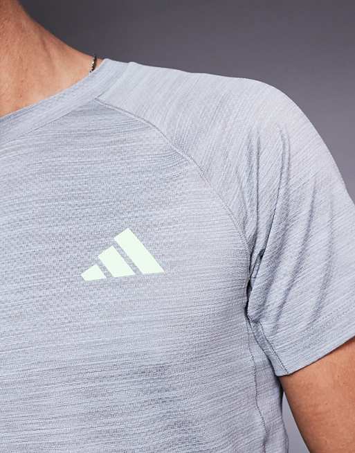 Adidas Training Gym+ 3 Stripe T-shirt In Grey And Green Pop