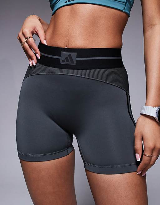Adidas Training Hyperglam Rib Booty Shorts In Grey And Black