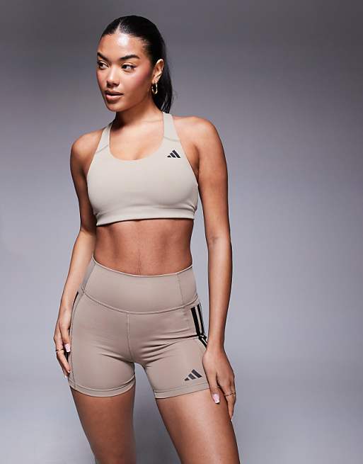 adidas Training Power mid support sports bra in chalky brown