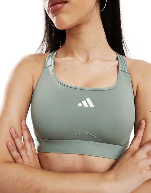 Adidas Training Power React Mid Support Sports Bra In Silver Green
