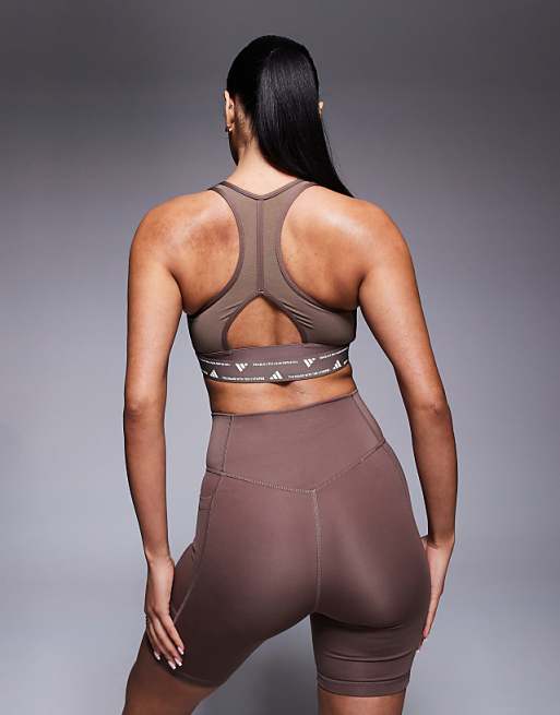 Adidas Training PWRCT High Support Sports Bra In Dark Brown
