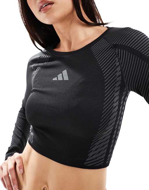 Adidas Training Seamless Long Sleeve Crop Top In Grey And Black