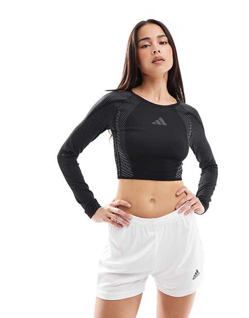 adidas Training seamless long sleeve crop top in grey and black