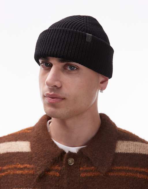 AllSaints merino wool fisherman beanie in black