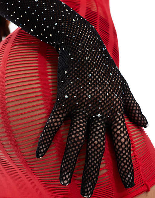 Ann Summers Diamante Gloves In Black - BLACK - BLACK