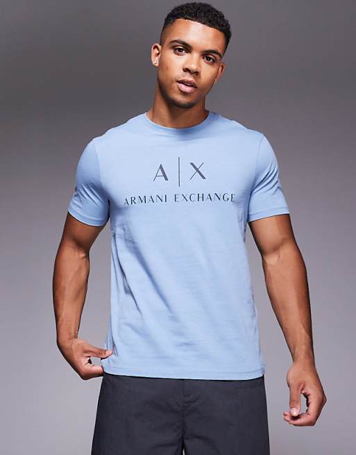 Armani Exchange Short Sleeve Central Logo T-shirt In Light Blue