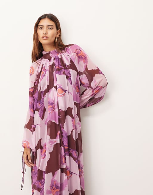 ARRANGE Chiffon Trapeze Maxi Dress With Balloon Sleeves In Burgundy Floral