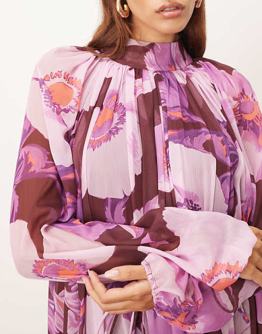 ARRANGE Chiffon Trapeze Maxi Dress With Balloon Sleeves In Burgundy Floral