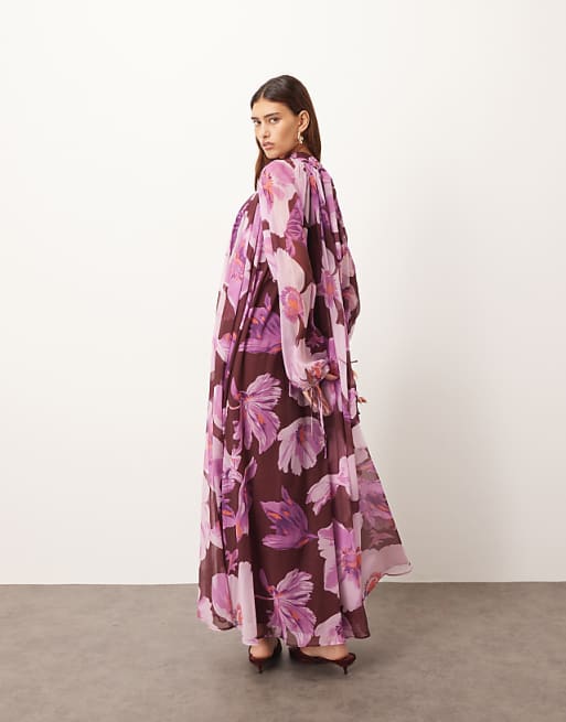 ARRANGE Chiffon Trapeze Maxi Dress With Balloon Sleeves In Burgundy Floral