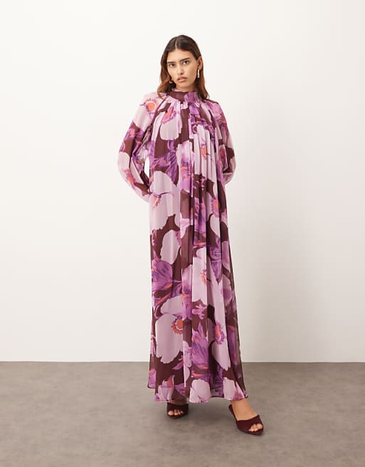 ARRANGE chiffon trapeze maxi dress with balloon sleeves in burgundy floral