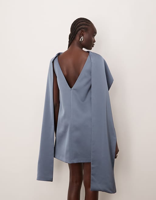 ARRANGE Clean Scarf Neck Shift Structured Mini Dress In Dusky Blue