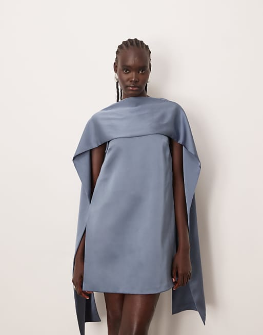 ARRANGE Clean Scarf Neck Shift Structured Mini Dress In Dusky Blue