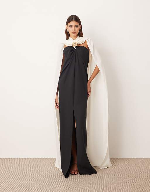 ARRANGE Crepe Column Maxi Dress With Contrast Drape Back In Black And White