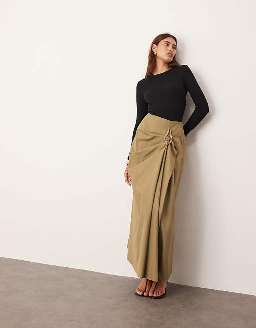 ARRANGE drape structured maxi skirt with metal trim in camel