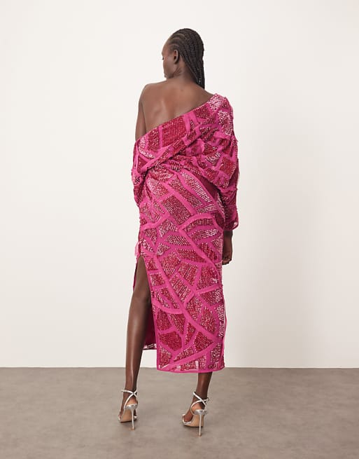 ARRANGE Embellished Drape Off Shoulder Raw Edge Abstract Sequin Maxi Dress In Raspberry Pink