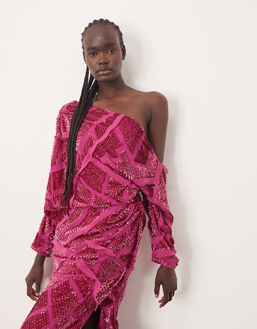 ARRANGE Embellished Drape Off Shoulder Raw Edge Abstract Sequin Maxi Dress In Raspberry Pink