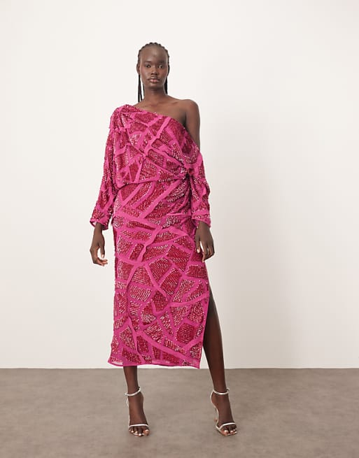 ARRANGE embellished drape off shoulder raw edge abstract sequin maxi dress in raspberry pink