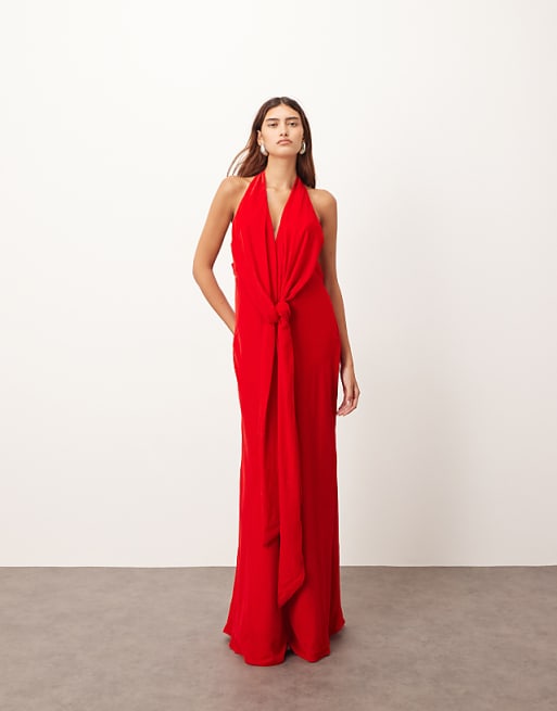 ARRANGE Halter Plunge Velvet Maxi Dress With Tie Detail In Red