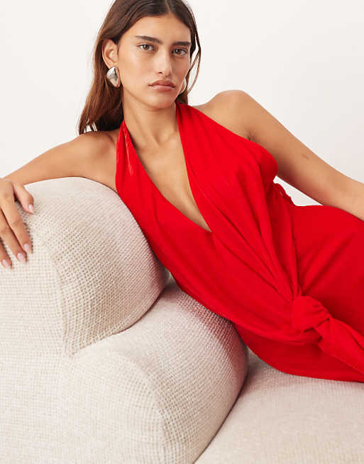 ARRANGE Halter Plunge Velvet Maxi Dress With Tie Detail In Red