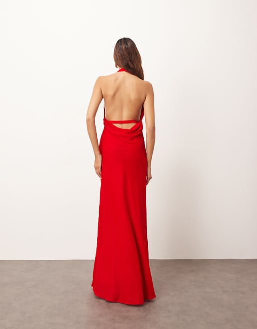 ARRANGE Halter Plunge Velvet Maxi Dress With Tie Detail In Red