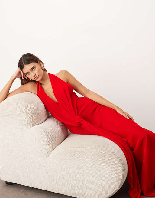 ARRANGE halter plunge velvet maxi dress with tie detail in red