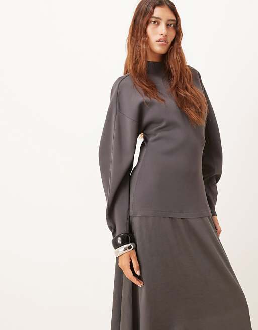 ARRANGE Hybrid Knit Mix Sculpted Sleeve Maxi Dress In Charcoal