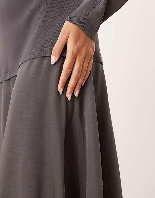 ARRANGE Hybrid Knit Mix Sculpted Sleeve Maxi Dress In Charcoal