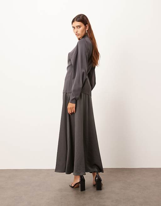 ARRANGE Hybrid Knit Mix Sculpted Sleeve Maxi Dress In Charcoal