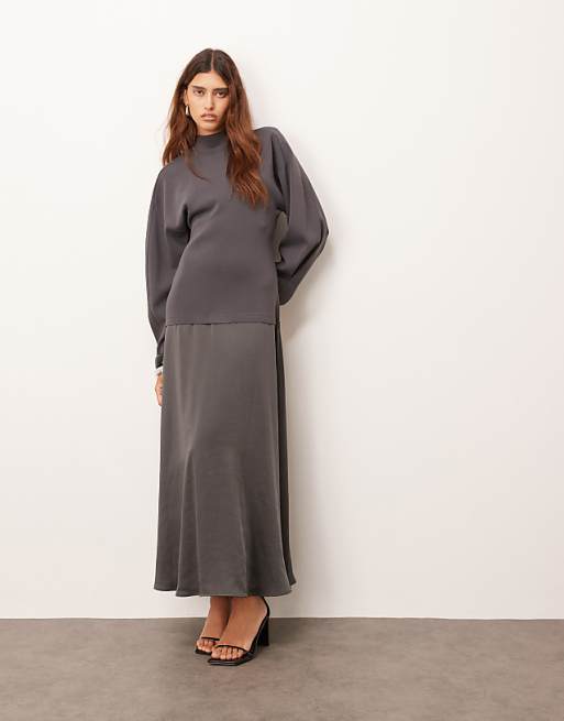 ARRANGE hybrid knit mix sculpted sleeve maxi dress in charcoal